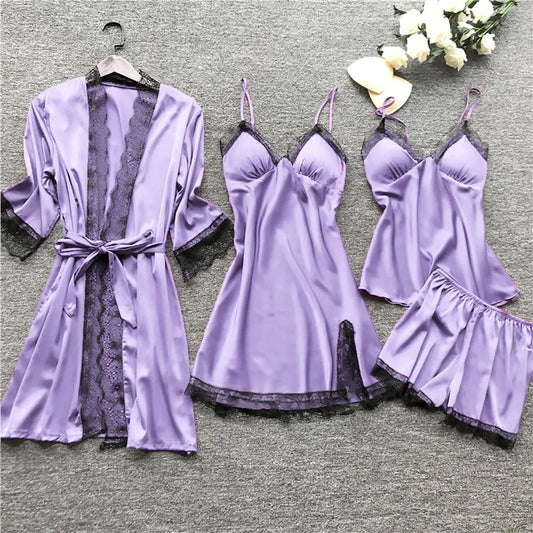 Lace Silk Pajamas Set Nightdress Sexy Lingerie Robe Women Sleepwear 4 Pieces Suits Sleeping Top and Shorts Femme Pijama Mujer Pj