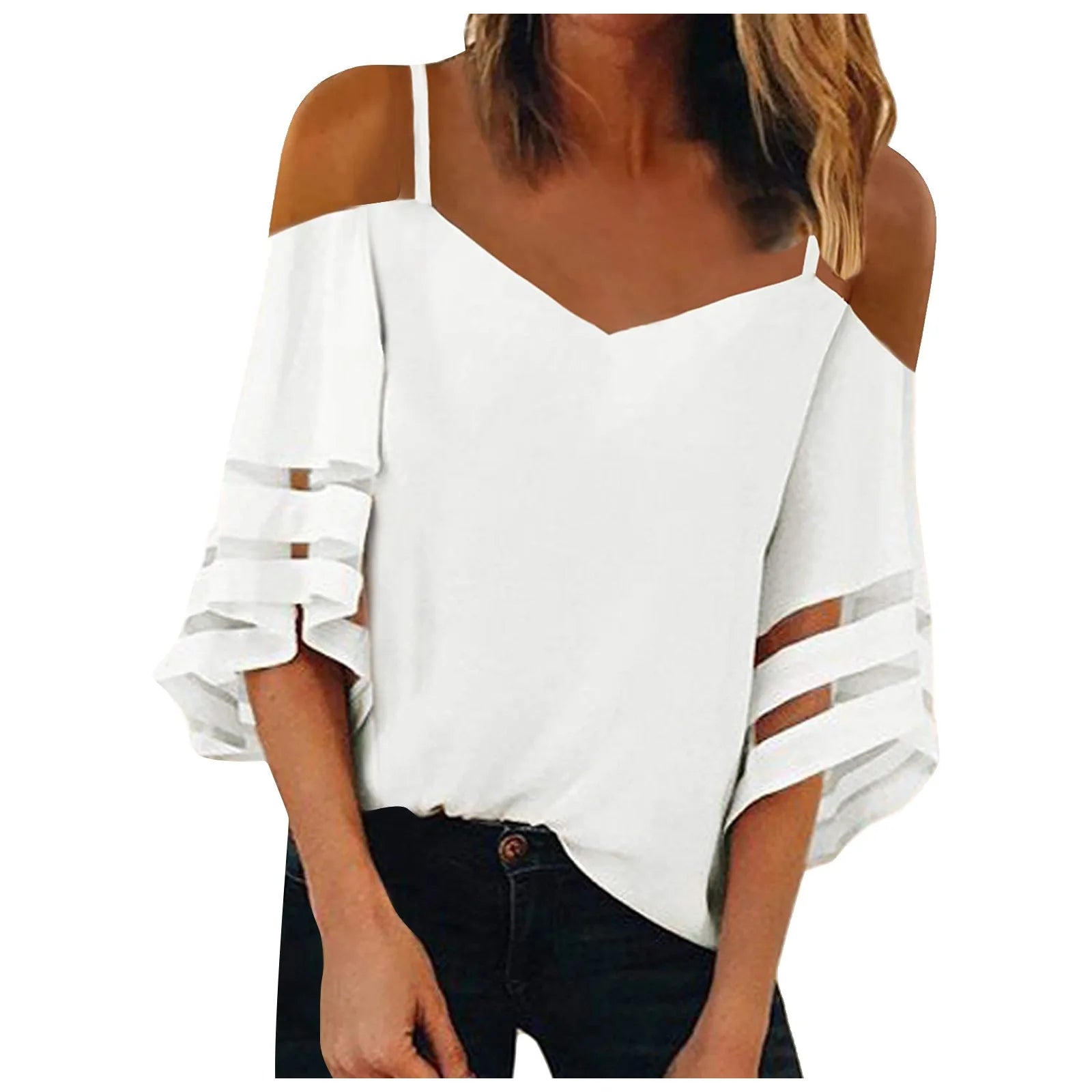 Women'S Mesh Hollow Out Blouses Sexy off the Shoulder Flare Sleeve White Shirts Fashoin Casual V-Neck Tunic Elegant Lady Tops