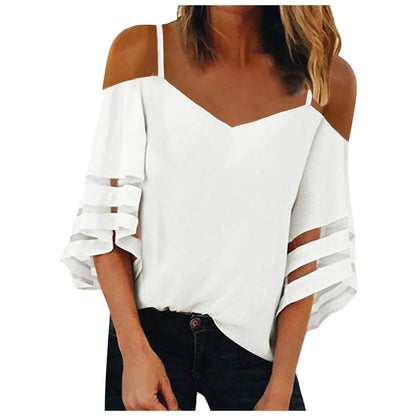 Women'S Mesh Hollow Out Blouses Sexy off the Shoulder Flare Sleeve White Shirts Fashoin Casual V-Neck Tunic Elegant Lady Tops