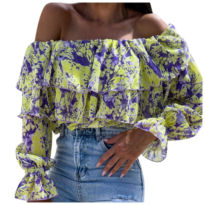 Women'S Boho off the Shoulder Long Sleeve Blouse Tops Casual Floral Print Puffy Sleeve Ruffled Shirts 3 4 Sleeve Top Shirt