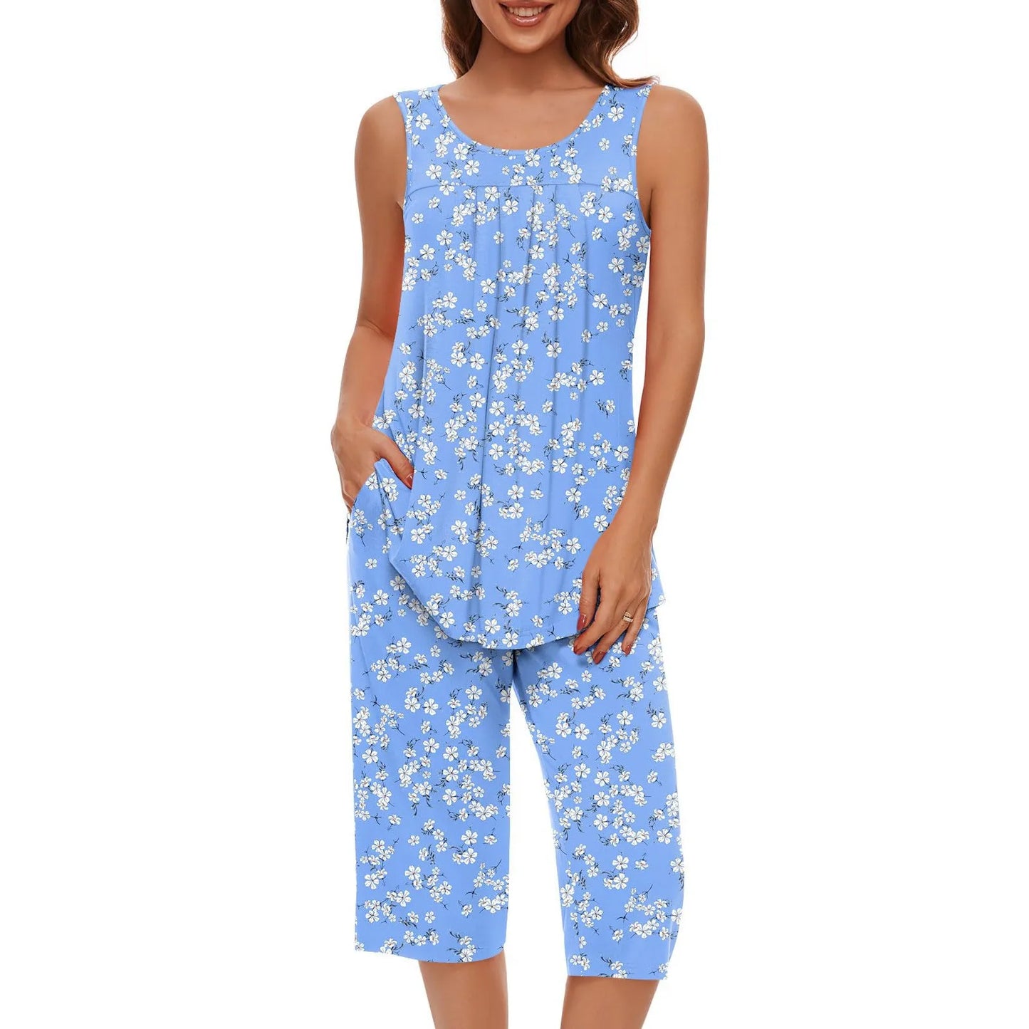 Women Soft Sleeveless Tank Top Sleepwear Capri Pants with Pocket Loungewear Sets Pajamas Sets Loose Satin Home Gown
