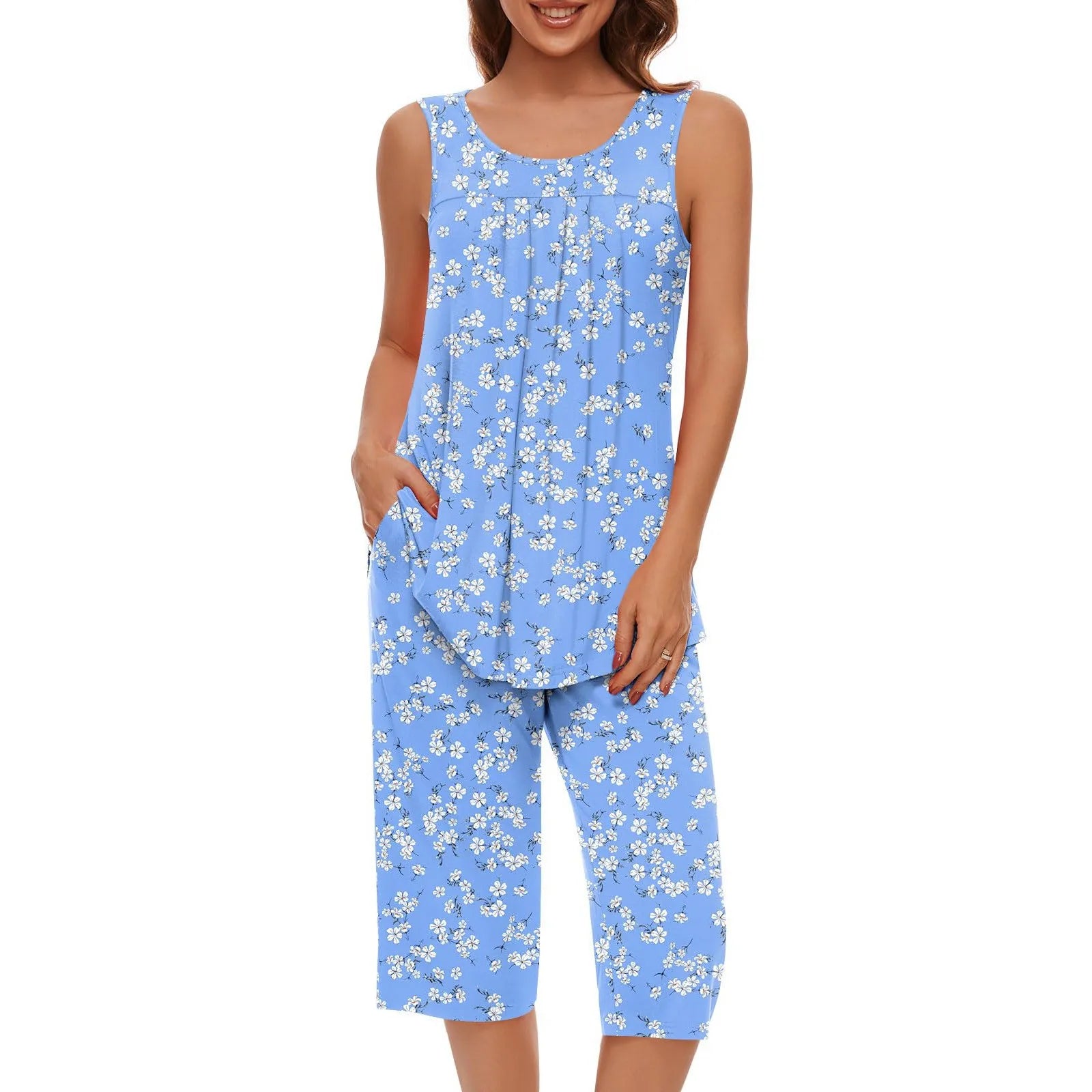Women Soft Sleeveless Tank Top Sleepwear Capri Pants with Pocket Loungewear Sets Pajamas Sets Loose Satin Home Gown