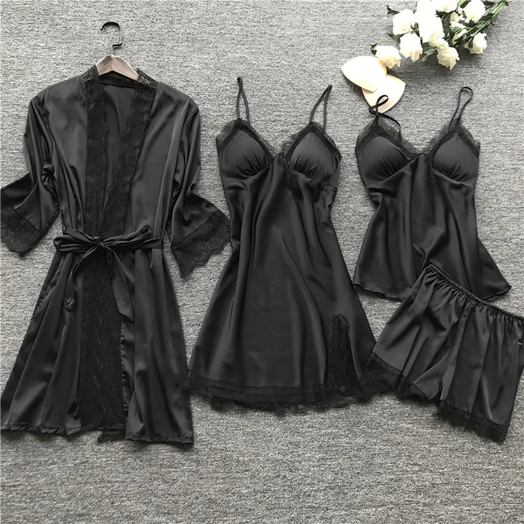 Lace Silk Pajamas Set Nightdress Sexy Lingerie Robe Women Sleepwear 4 Pieces Suits Sleeping Top and Shorts Femme Pijama Mujer Pj
