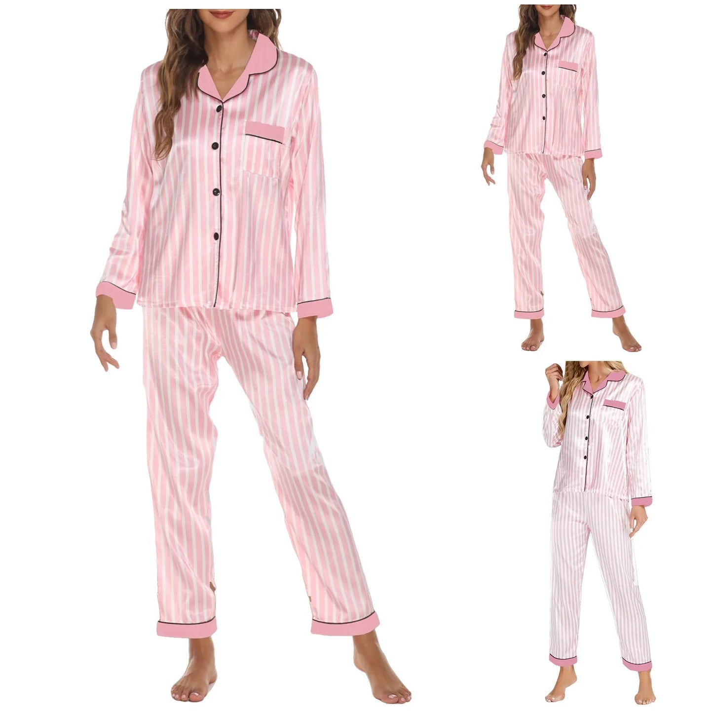 Women Pajamas Cooling Breathable Homewear Set Long Sleeve Pajamas Pants Ice Silk Satin Home Clothing Pajamas for Women Set