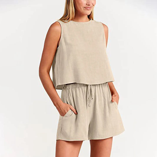 Casual Two Piece Set for Women Summer Loose Sleeveless Vest and Shorts Set Cotton Linen Pants Sets for Women All Matching Outfit