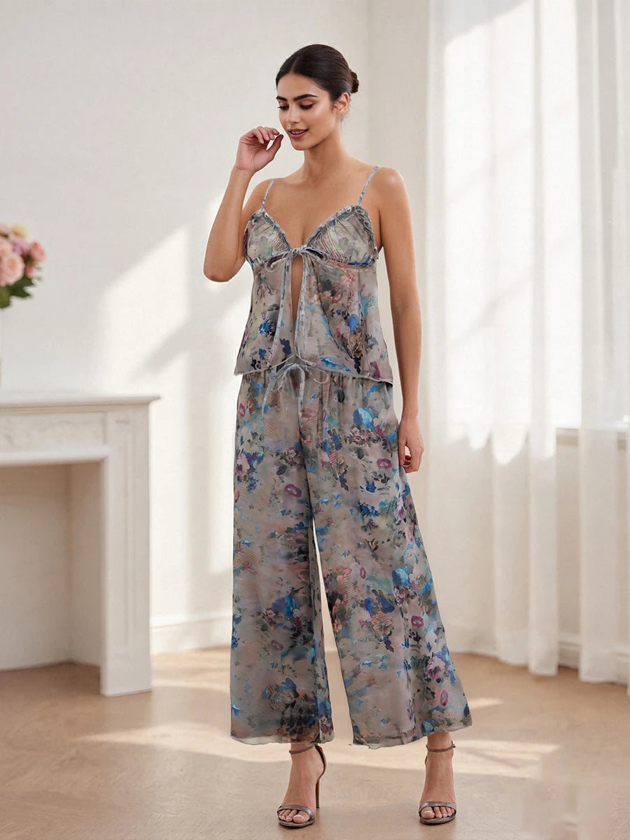 Women S Floral Print Pajama Set with Tie-Up Backless Camisole and Matching Pants for Sleepwear and Loungewear