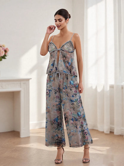Women S Floral Print Pajama Set with Tie-Up Backless Camisole and Matching Pants for Sleepwear and Loungewear