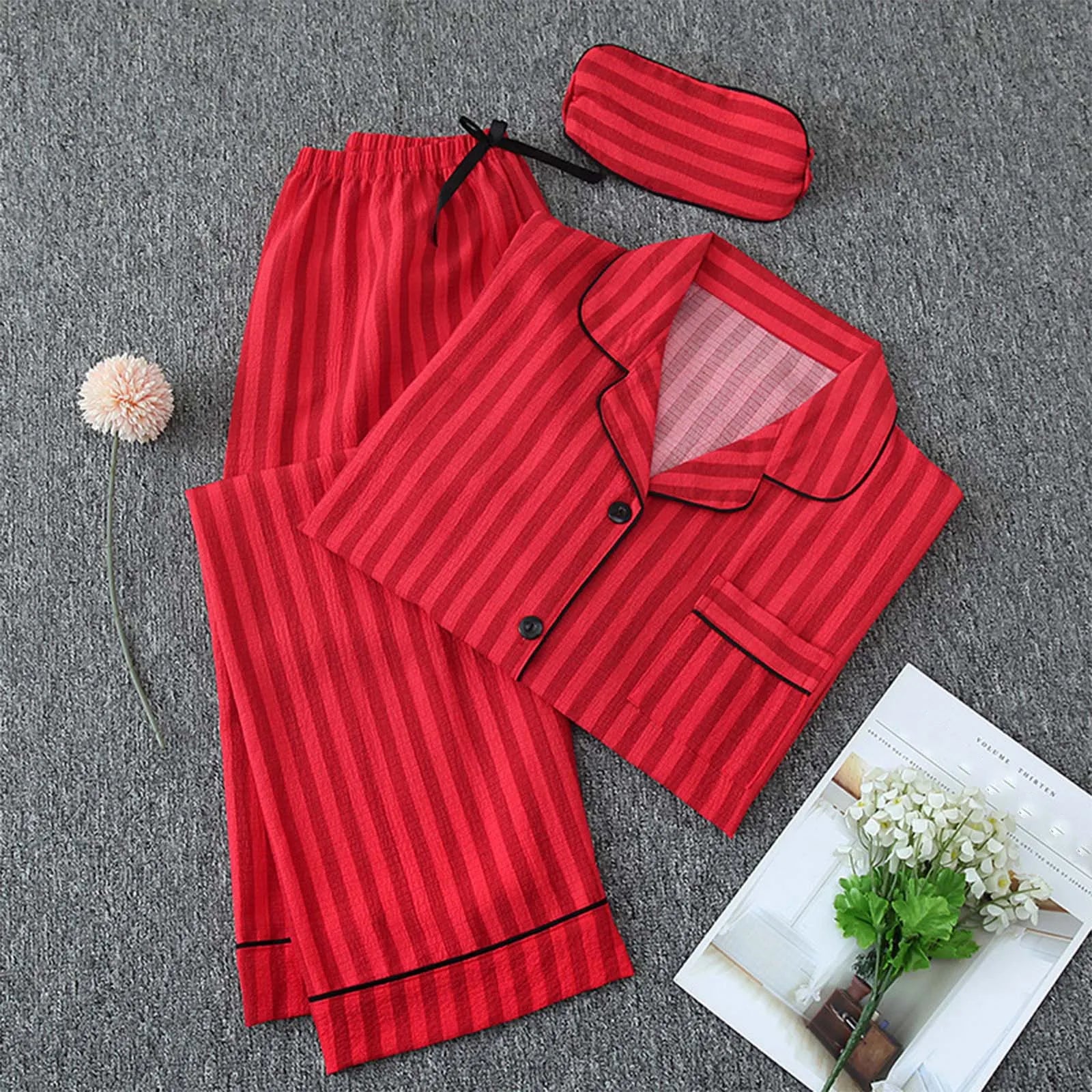 Women'S Pajama Set Long Sleeve Button Pajamas Two Piece Set Striped Sleepwear Casual Set with Eye Sexy Nightwear Women