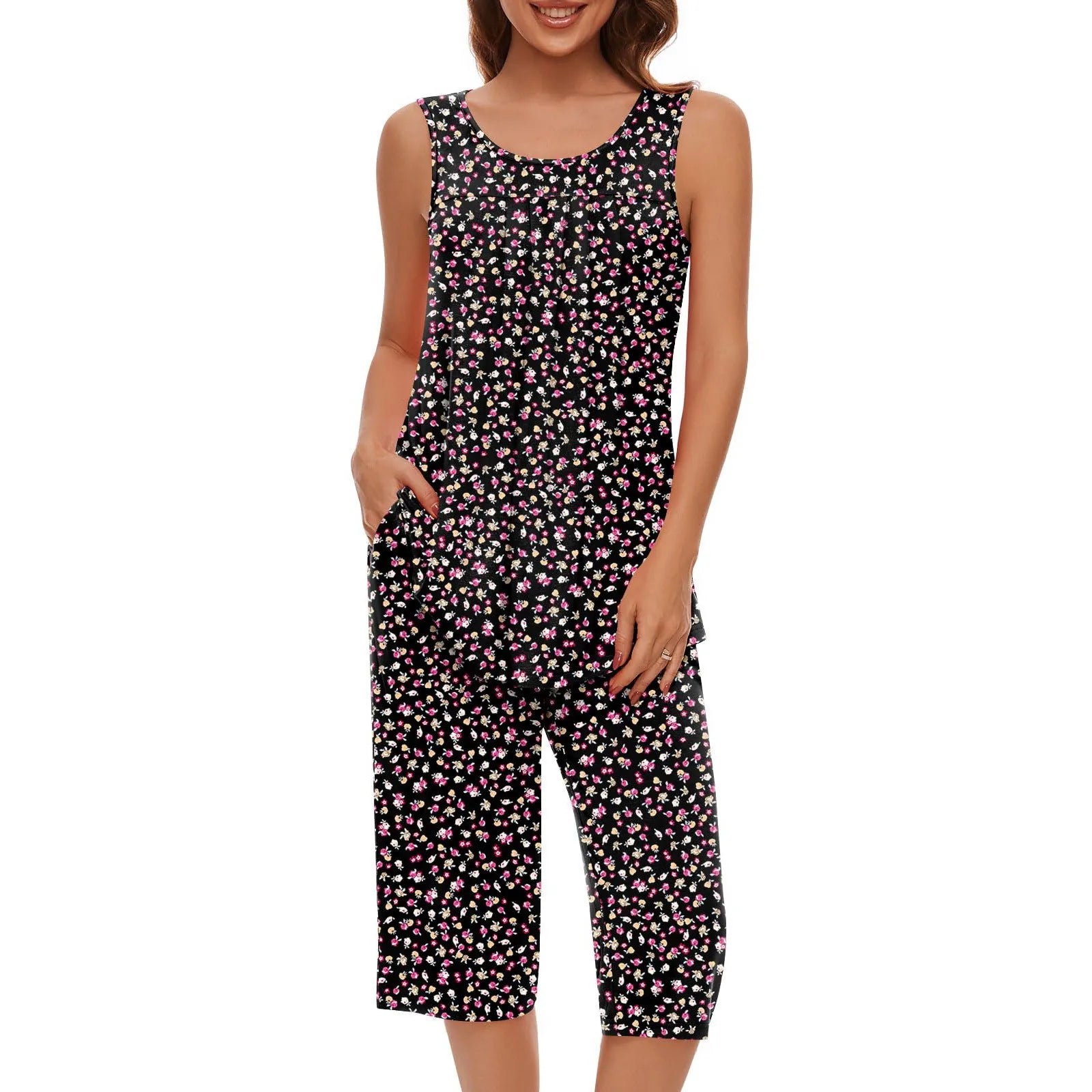 Women Soft Sleeveless Tank Top Sleepwear Capri Pants with Pocket Loungewear Sets Pajamas Sets Loose Satin Home Gown