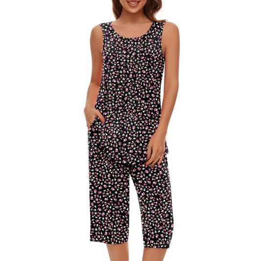 Women Soft Sleeveless Tank Top Sleepwear Capri Pants with Pocket Loungewear Sets Pajamas Sets Loose Satin Home Gown