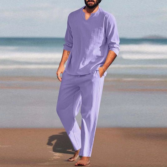 2024 Spring Summer Casual 2 Piece Set Breathable Cotton Linen Loose Pant Sets Men'S Beach Yoga Sport Trousers Suits Ropa Hombre