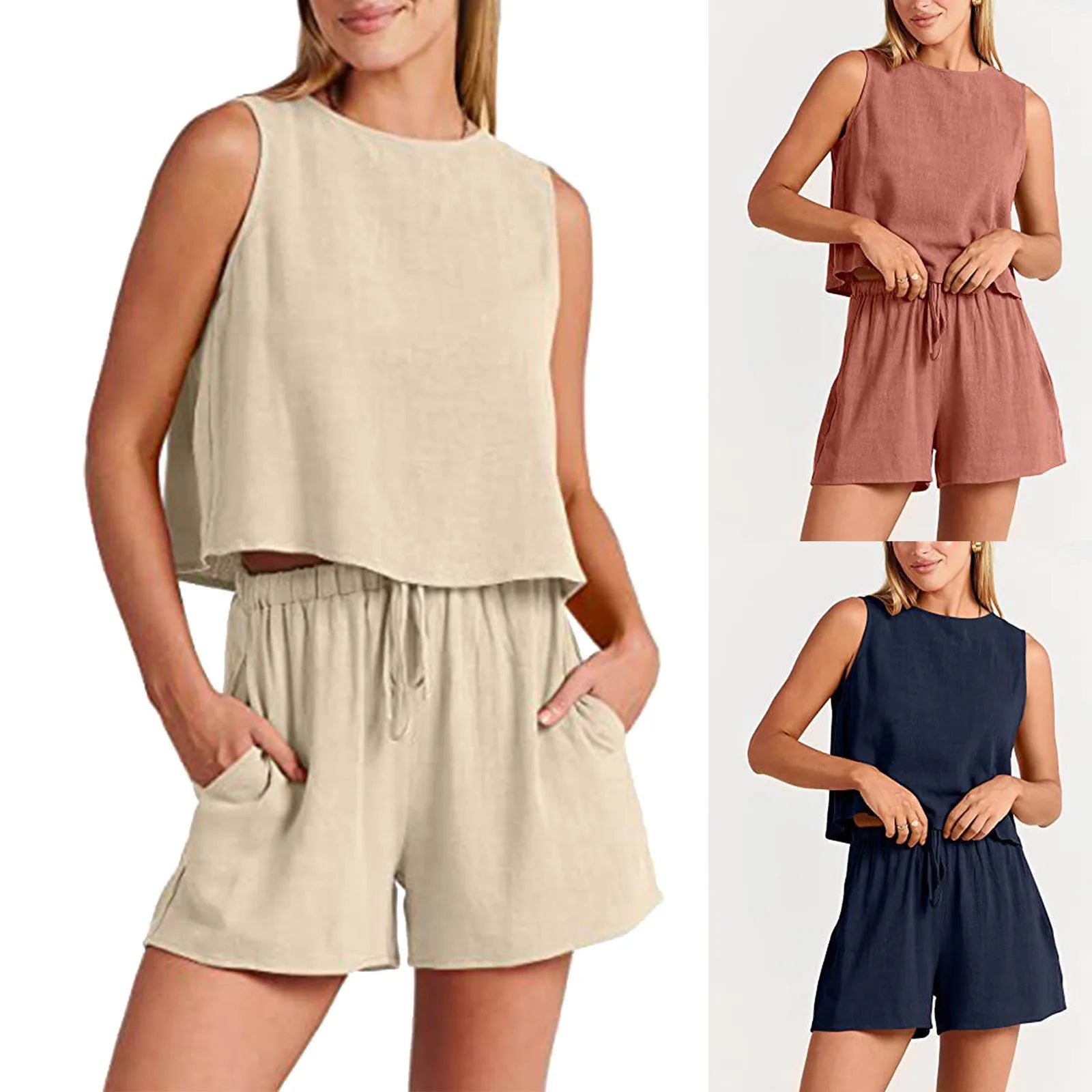 Casual Two Piece Set for Women Summer Loose Sleeveless Vest and Shorts Set Cotton Linen Pants Sets for Women All Matching Outfit
