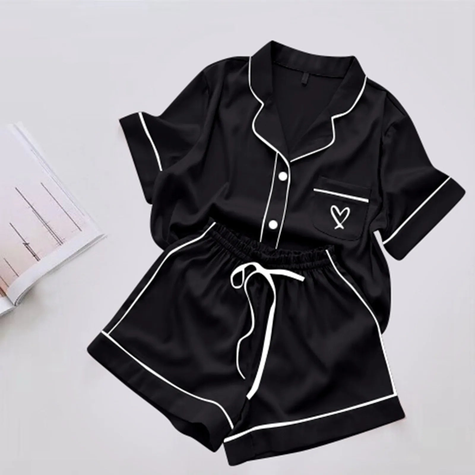 Ice Silk Pajama Sets for Women Heart Comfy Short Sleeve Shirts with Shorts Set 2Pcs Pyjamas Loungewear Spring Summer Homewear