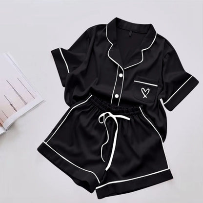 Ice Silk Pajama Sets for Women Heart Comfy Short Sleeve Shirts with Shorts Set 2Pcs Pyjamas Loungewear Spring Summer Homewear