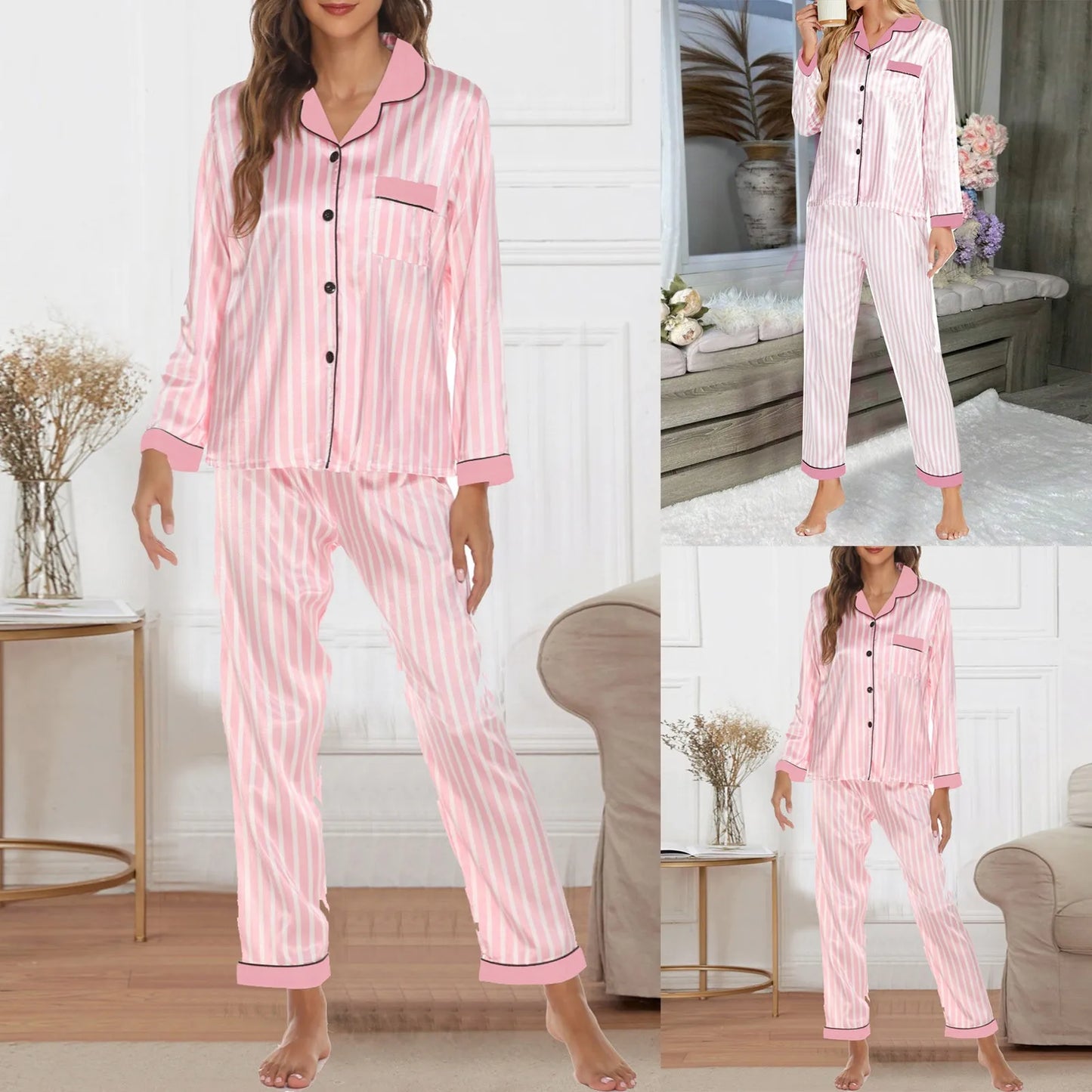 Women Pajamas Cooling Breathable Homewear Set Long Sleeve Pajamas Pants Ice Silk Satin Home Clothing Pajamas for Women Set
