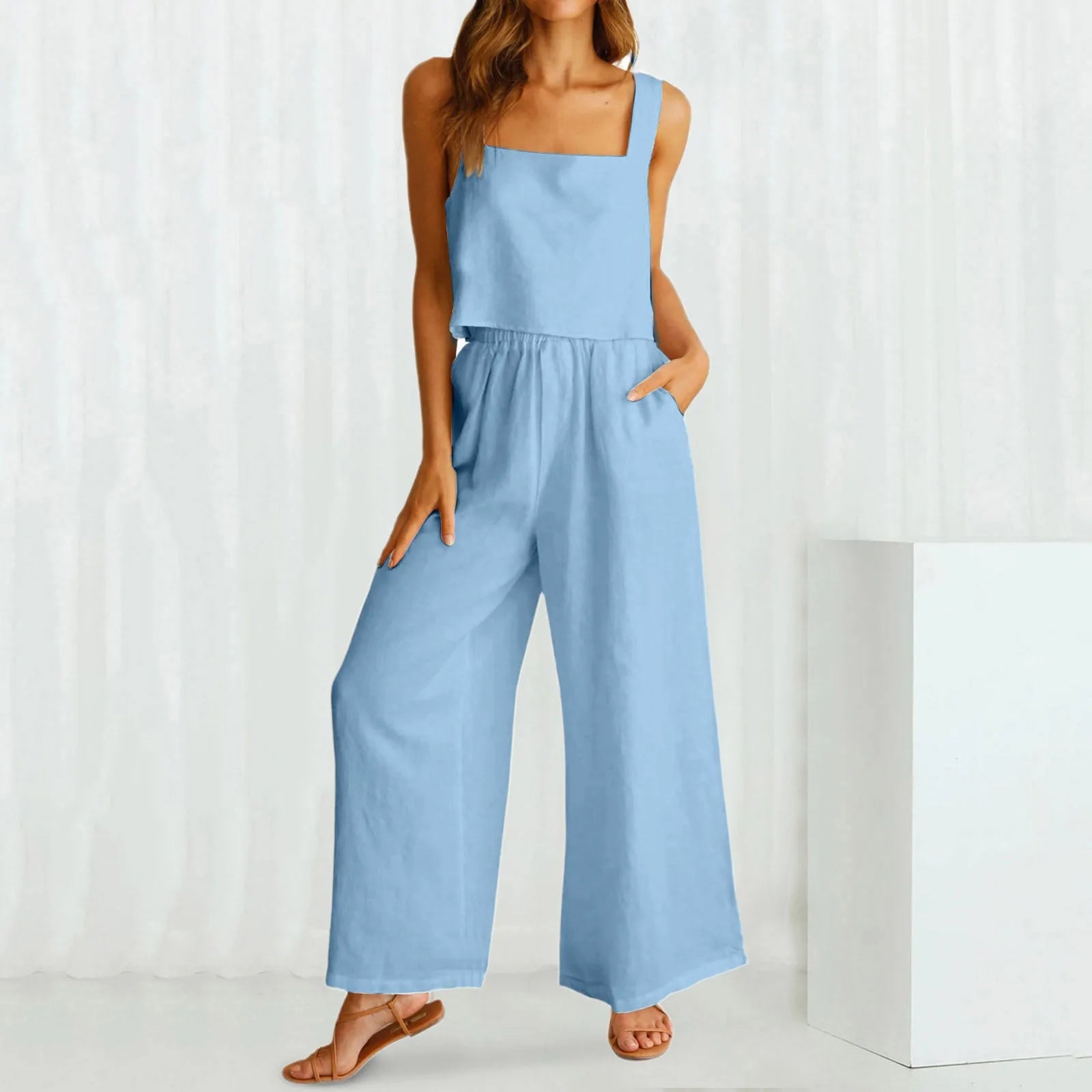 Business Suit Women'S 2 Piece Outfits Square Neck Linen Tank Crop Top Wide Leg Pants Matching Set Work Formal Simple Clothes