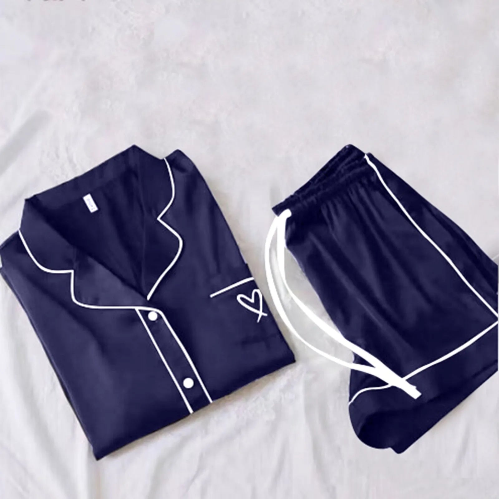 Ice Silk Pajama Sets for Women Heart Comfy Short Sleeve Shirts with Shorts Set 2Pcs Pyjamas Loungewear Spring Summer Homewear