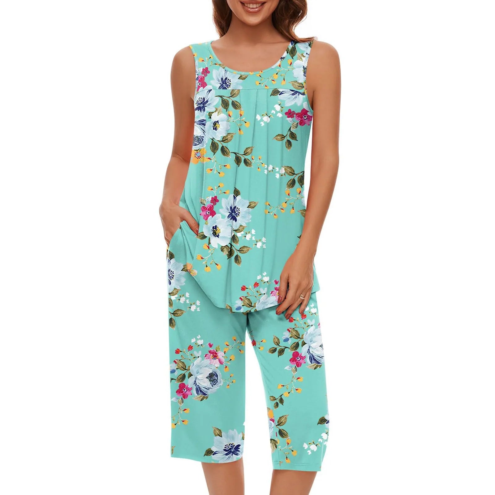 Women Soft Sleeveless Tank Top Sleepwear Capri Pants with Pocket Loungewear Sets Pajamas Sets Loose Satin Home Gown