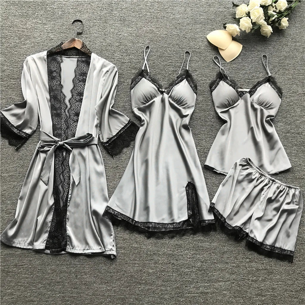 Lace Silk Pajamas Set Nightdress Sexy Lingerie Robe Women Sleepwear 4 Pieces Suits Sleeping Top and Shorts Femme Pijama Mujer Pj