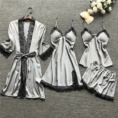 Lace Silk Pajamas Set Nightdress Sexy Lingerie Robe Women Sleepwear 4 Pieces Suits Sleeping Top and Shorts Femme Pijama Mujer Pj