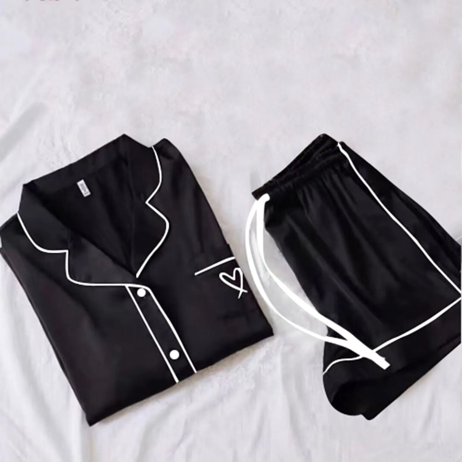 Ice Silk Pajama Sets for Women Heart Comfy Short Sleeve Shirts with Shorts Set 2Pcs Pyjamas Loungewear Spring Summer Homewear