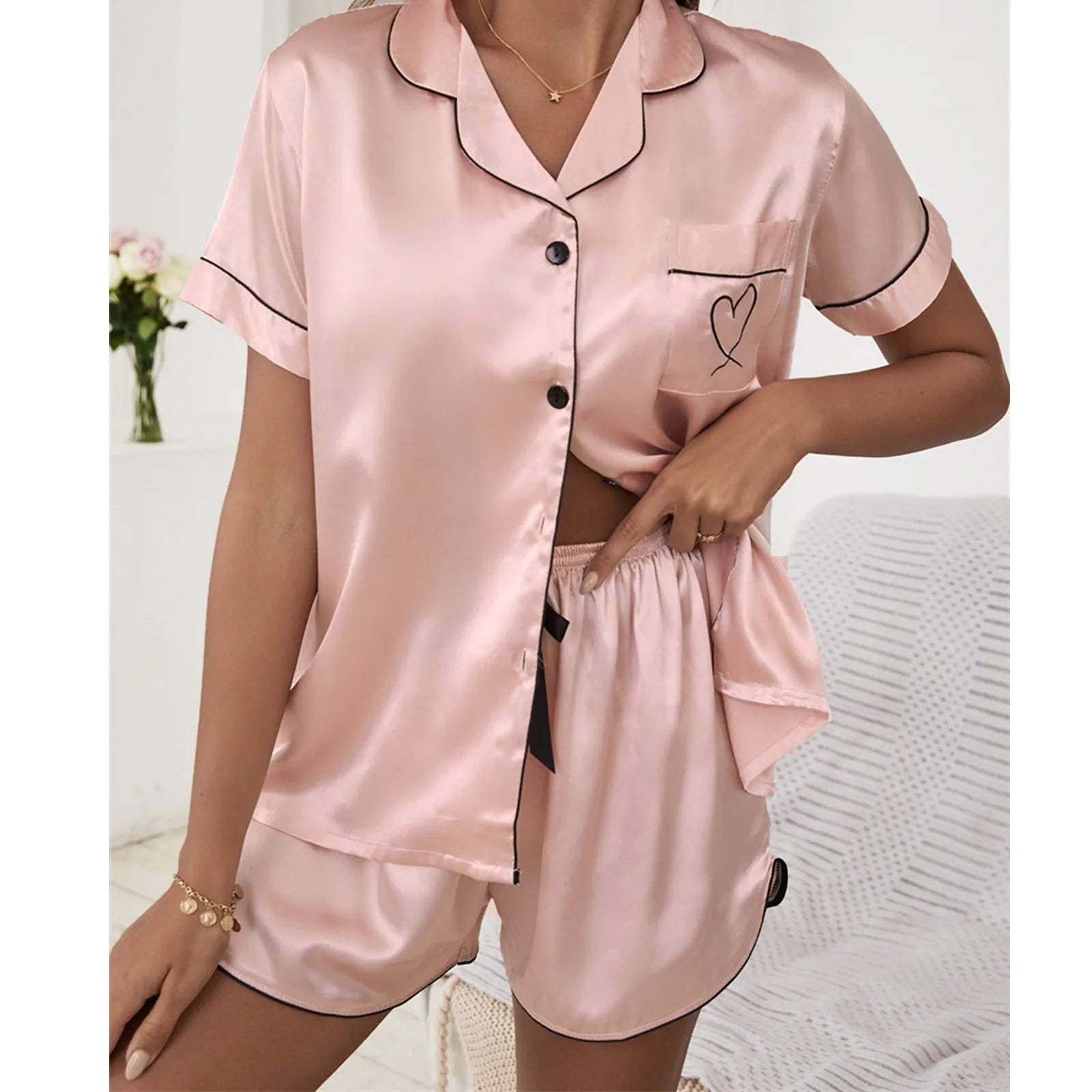 Silk Pajamas Set Women Satin Nightwear Short Sleeve Button Shirt Tops +Shorts 2-Piece Sets Sleepwear Pyjamas Casual Nightgowns