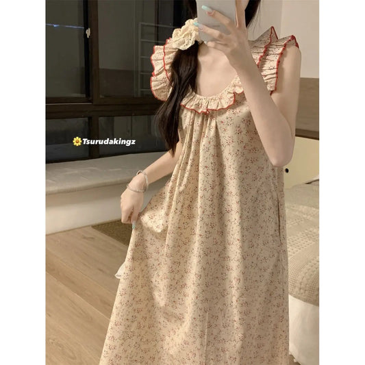 Women Nightgown Sleeveless Sleepwear Floral Nightwear Korean Fashion Home Wears Summer One Piece Pajamas Casual Night Dress New