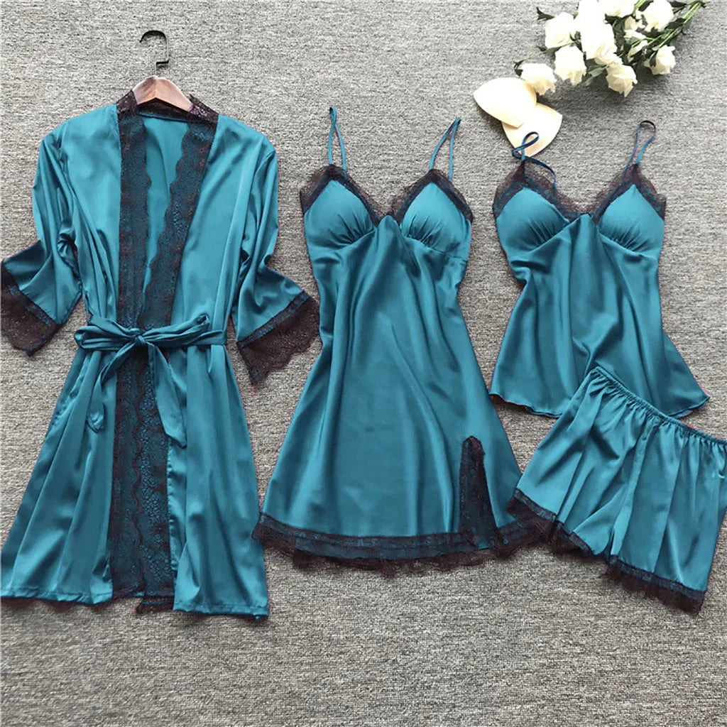 Lace Silk Pajamas Set Nightdress Sexy Lingerie Robe Women Sleepwear 4 Pieces Suits Sleeping Top and Shorts Femme Pijama Mujer Pj
