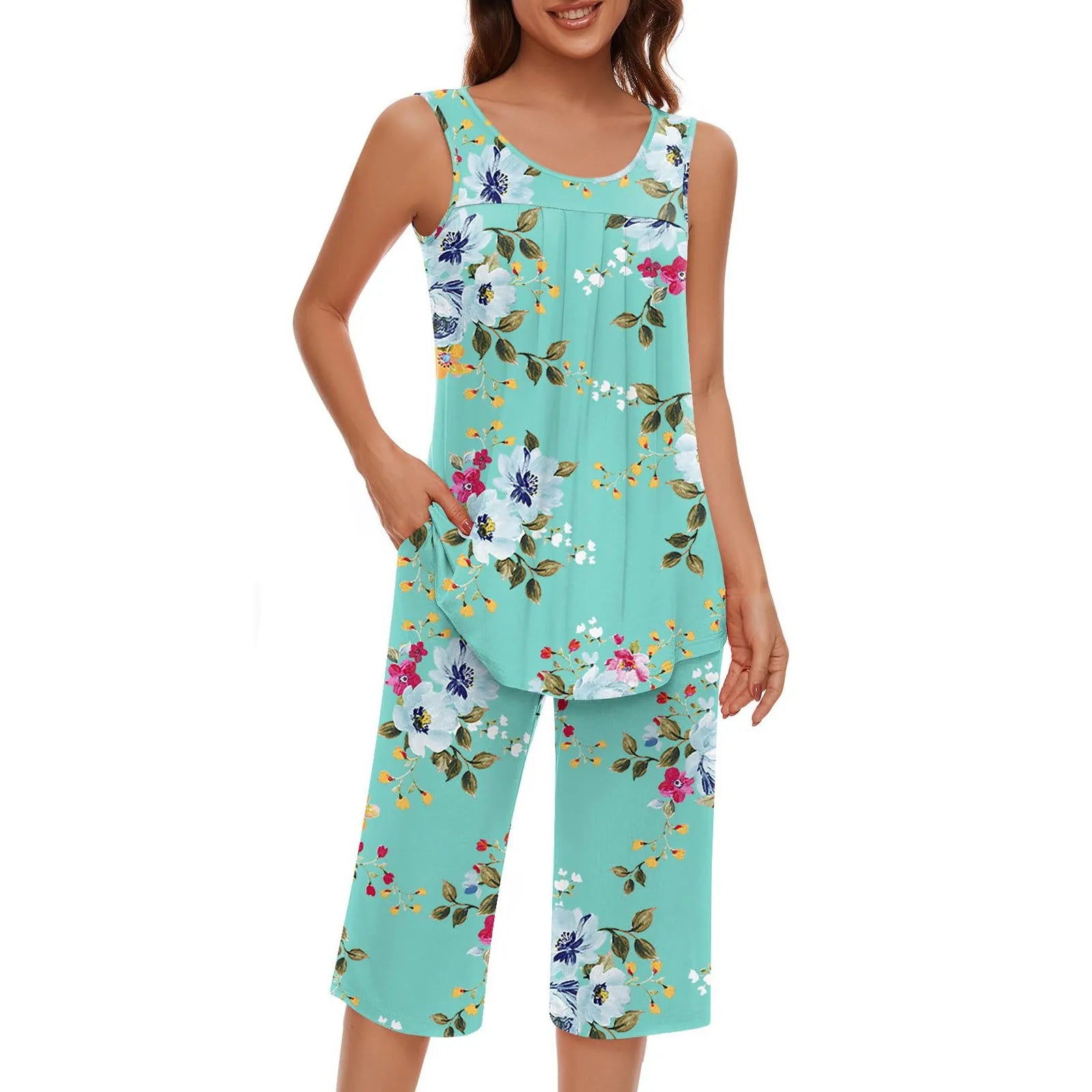 Women Soft Sleeveless Tank Top Sleepwear Capri Pants with Pocket Loungewear Sets Pajamas Sets Loose Satin Home Gown