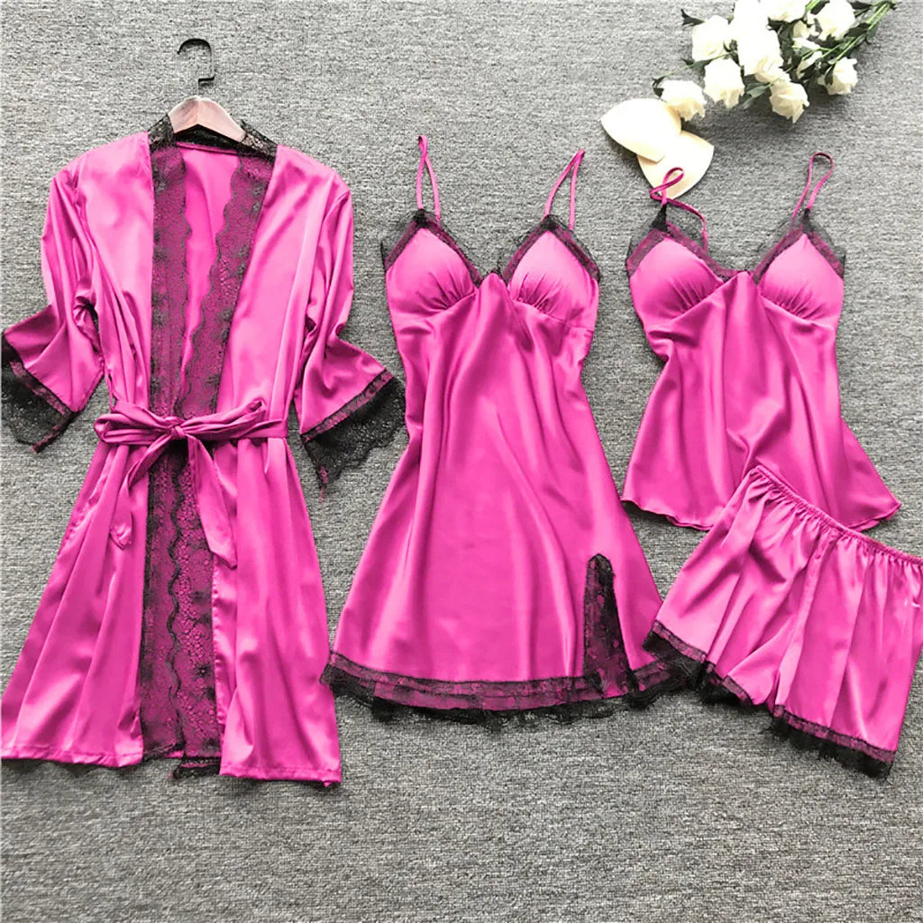 Lace Silk Pajamas Set Nightdress Sexy Lingerie Robe Women Sleepwear 4 Pieces Suits Sleeping Top and Shorts Femme Pijama Mujer Pj